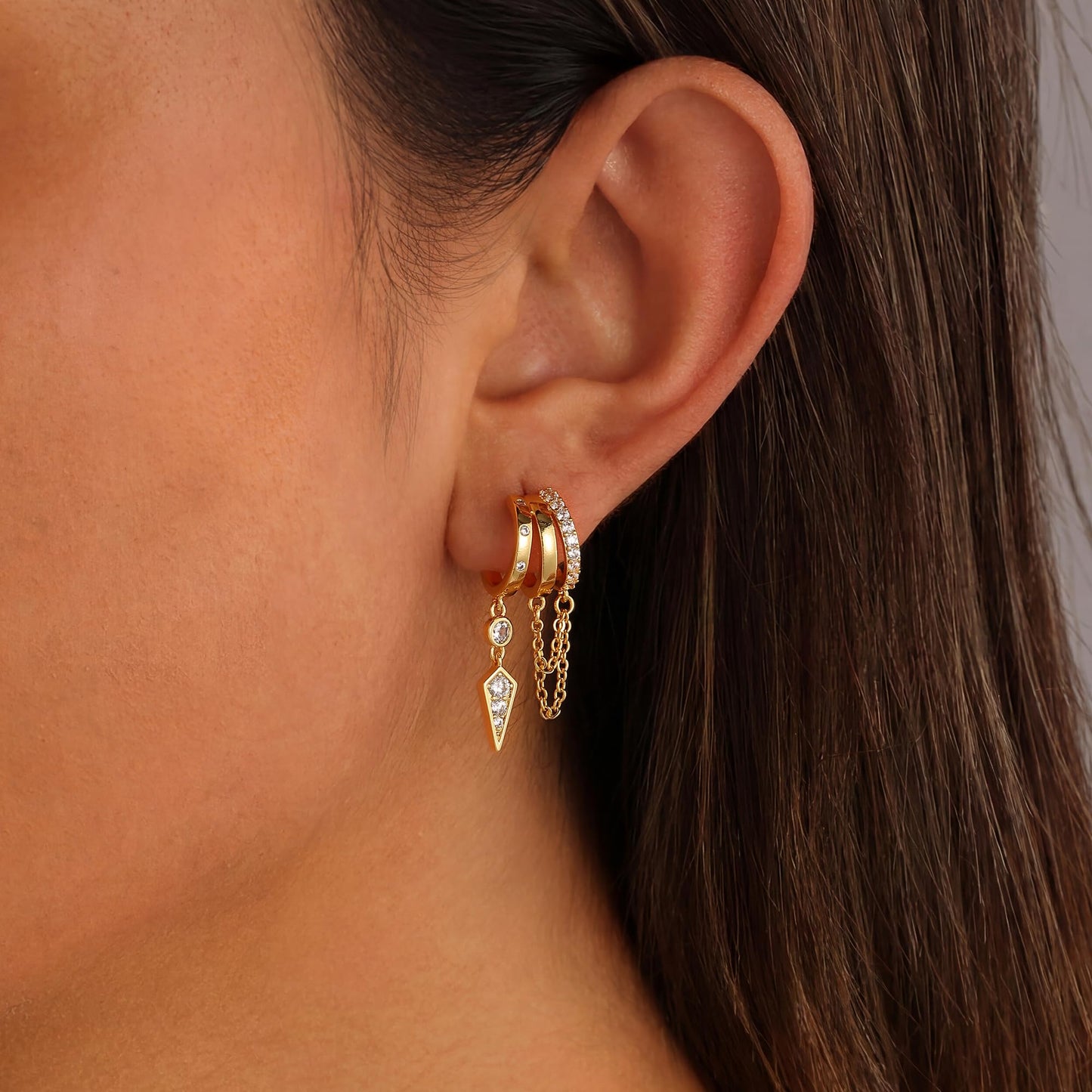 Gold Dangle Earrings for Women, 14k Gold Plated Stacked Triple Hoop Illusion Earrings Cubic Zirconia Huggie Earrings for Women Trendy