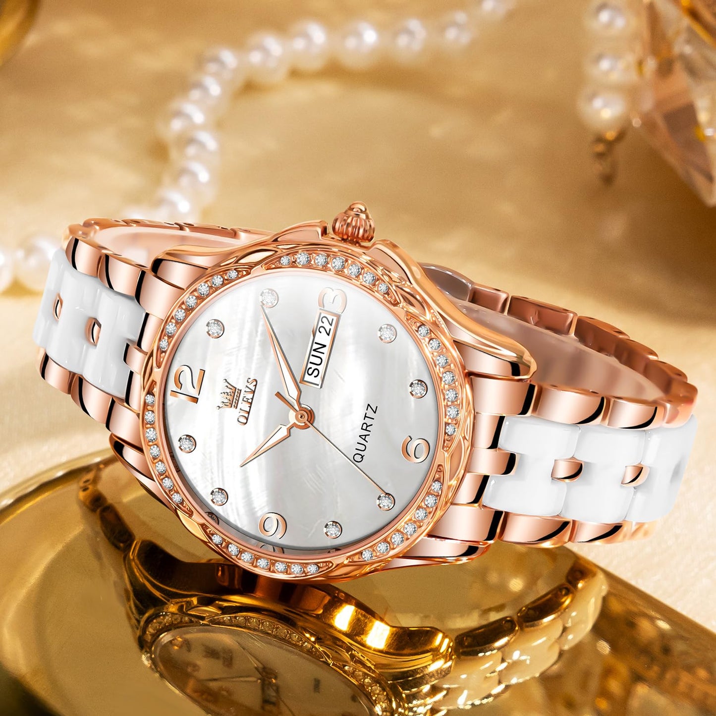 OLEVS Women's Watch Ceramic Band Waterproof Dress Watch Analog Quartz Watches Elegant Luxury Comfortable Wrist Watches with Date Day & Diamond White/Pink/Black Dial Gift for Her Reloj para Mujer