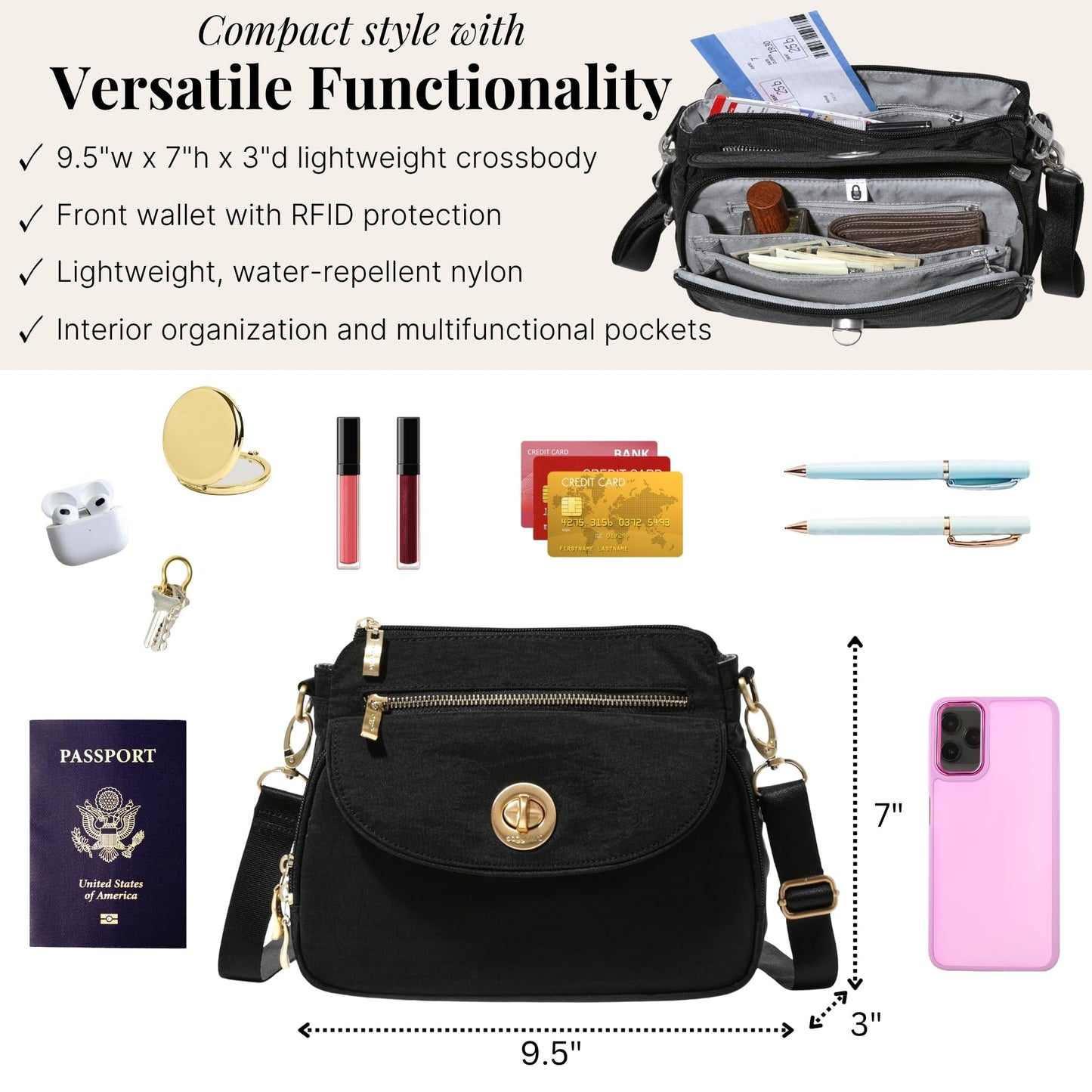 Baggallini Calais Crossbody Bags for Women 10x7 Lightweight Water-Resistant Travel Purse, RFID & Interior Organization