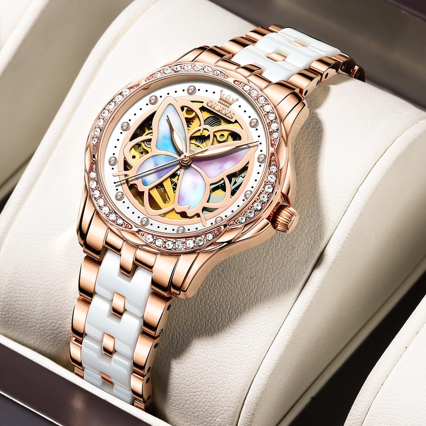OLEVS Womens Automatic Watch, Premium Large Face Diamond Accented Self Winding Watches for Women, Fashion Waterproof Ladies Dress Watch, Two Tone Stainless Steel Ceramic Bracelet
