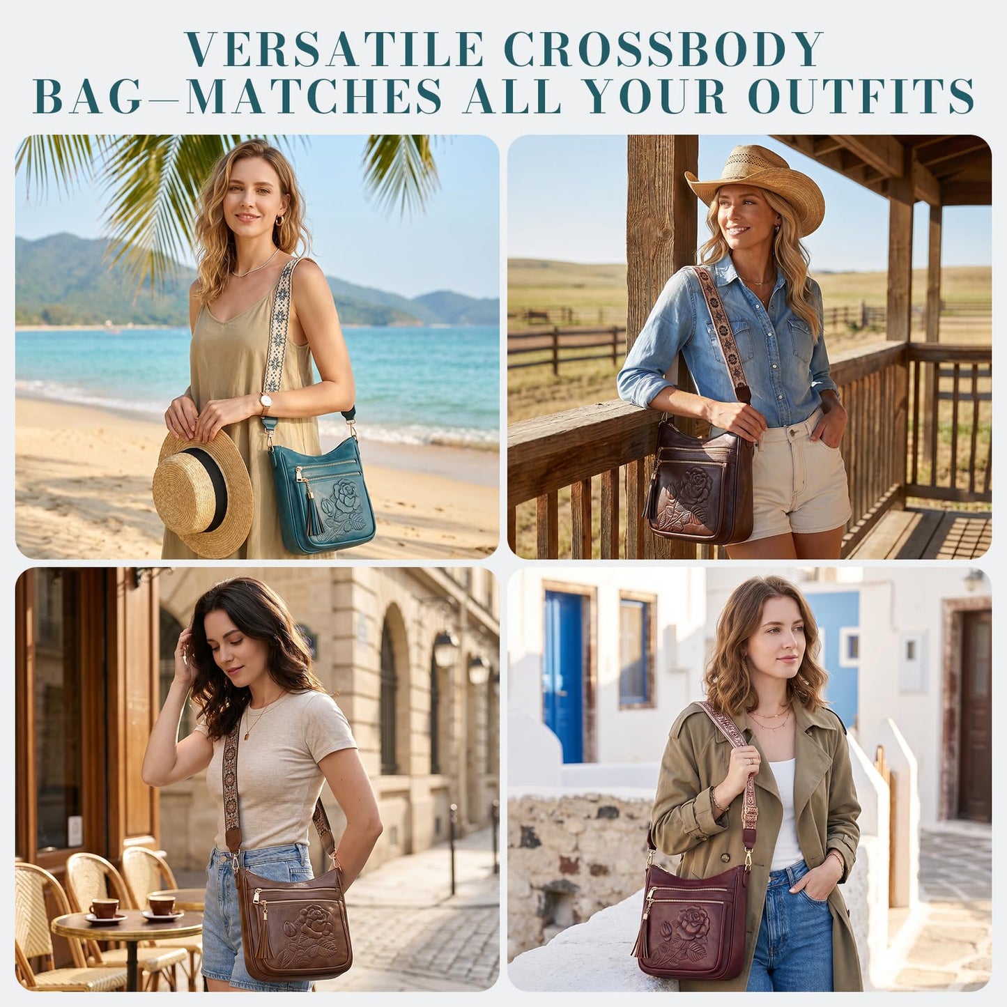 Crossbody Bags for Women, Vegan Leather Crossbody Purse, Multiple Pocket Daily Travel Shoulder Bag with Boho Strap