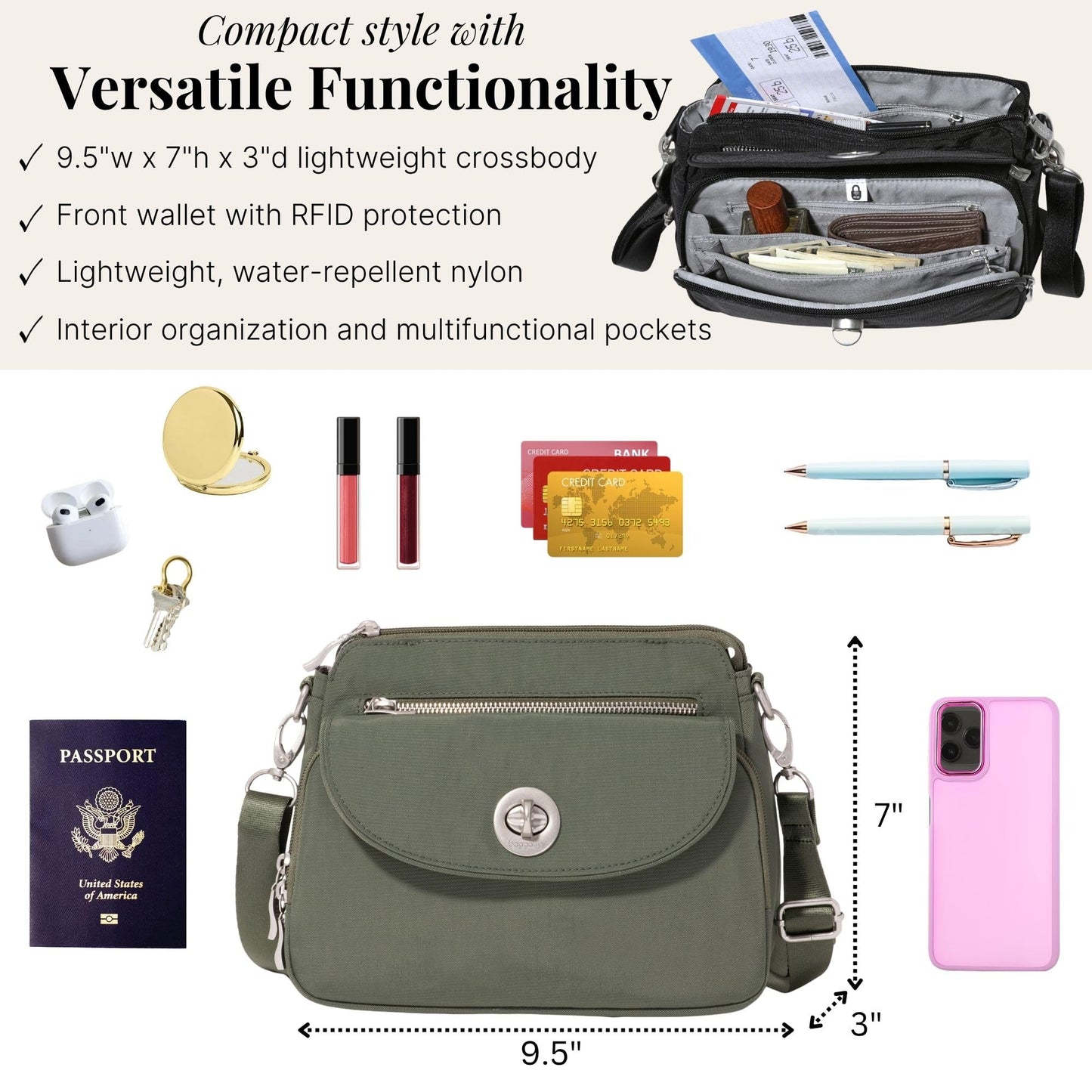 Baggallini Calais Crossbody Bags for Women 10x7 Lightweight Water-Resistant Travel Purse, RFID & Interior Organization