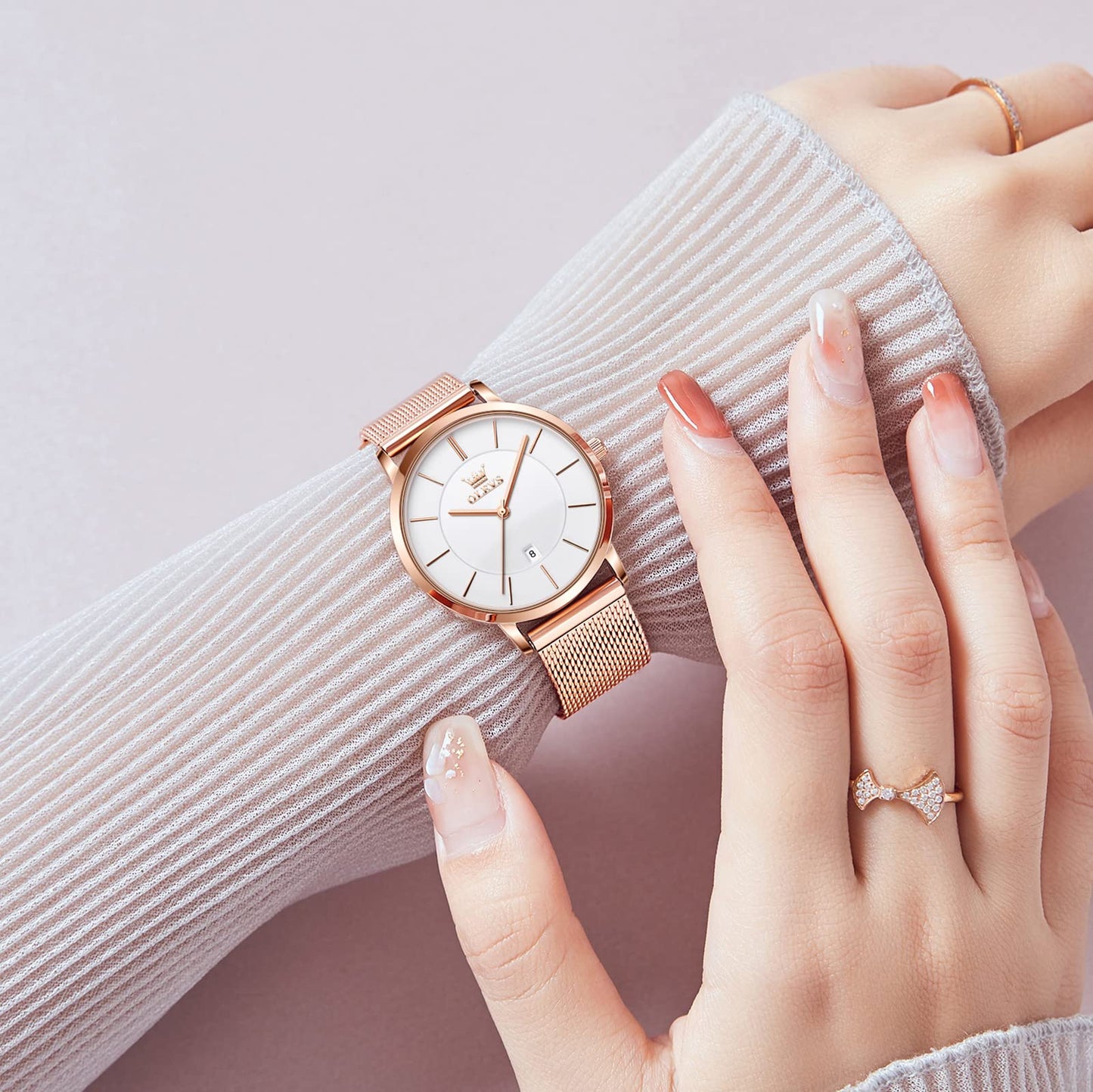 OLEVS Women's Mesh Bracelet Watch, Elegant Large Face Three Hand Analog Quartz Womens Wristwatch, Pretty Slim Date Display Waterproof Ladies Watches for Small Wrists