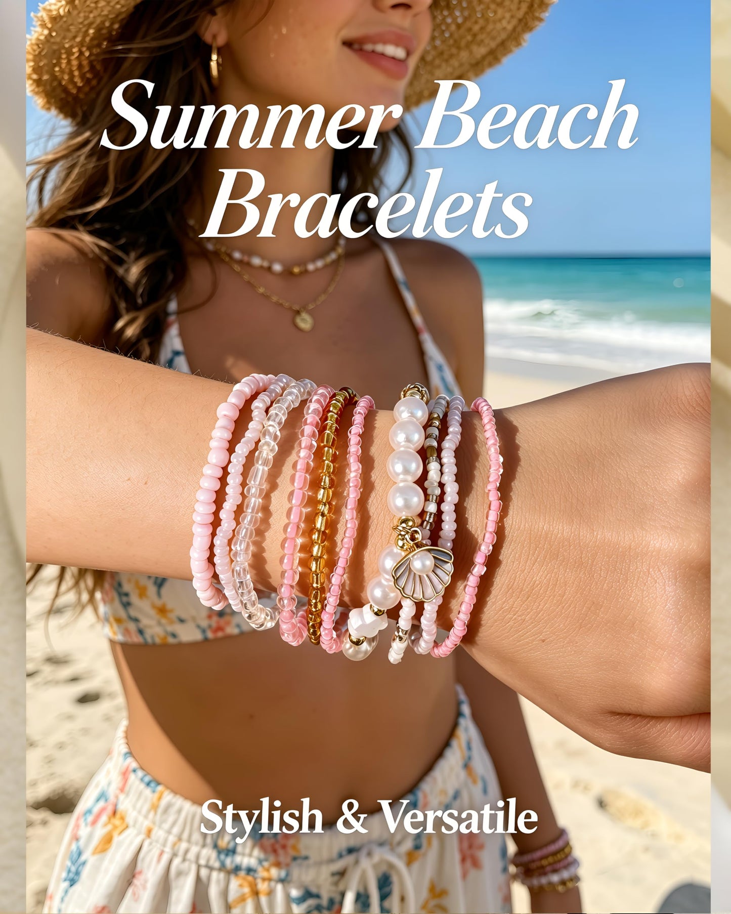 FAXHION Boho Gold Beaded Bracelets for Women, Starfish & Shell Pendant Bracelet Stack, Gold Bracelet Set Summer Beach Jewelry Gifts