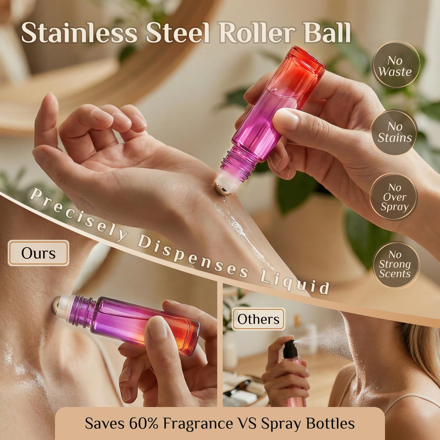 PrettyCare 4 Pack Amber Glass Oil Roller Bottles for Essential Oils 10ml, Roll On Bottles with Stainless Steel Roller Ball Leak-Proof Perfume Travel Refillable Bottle Empty, Beauty & Personal Care