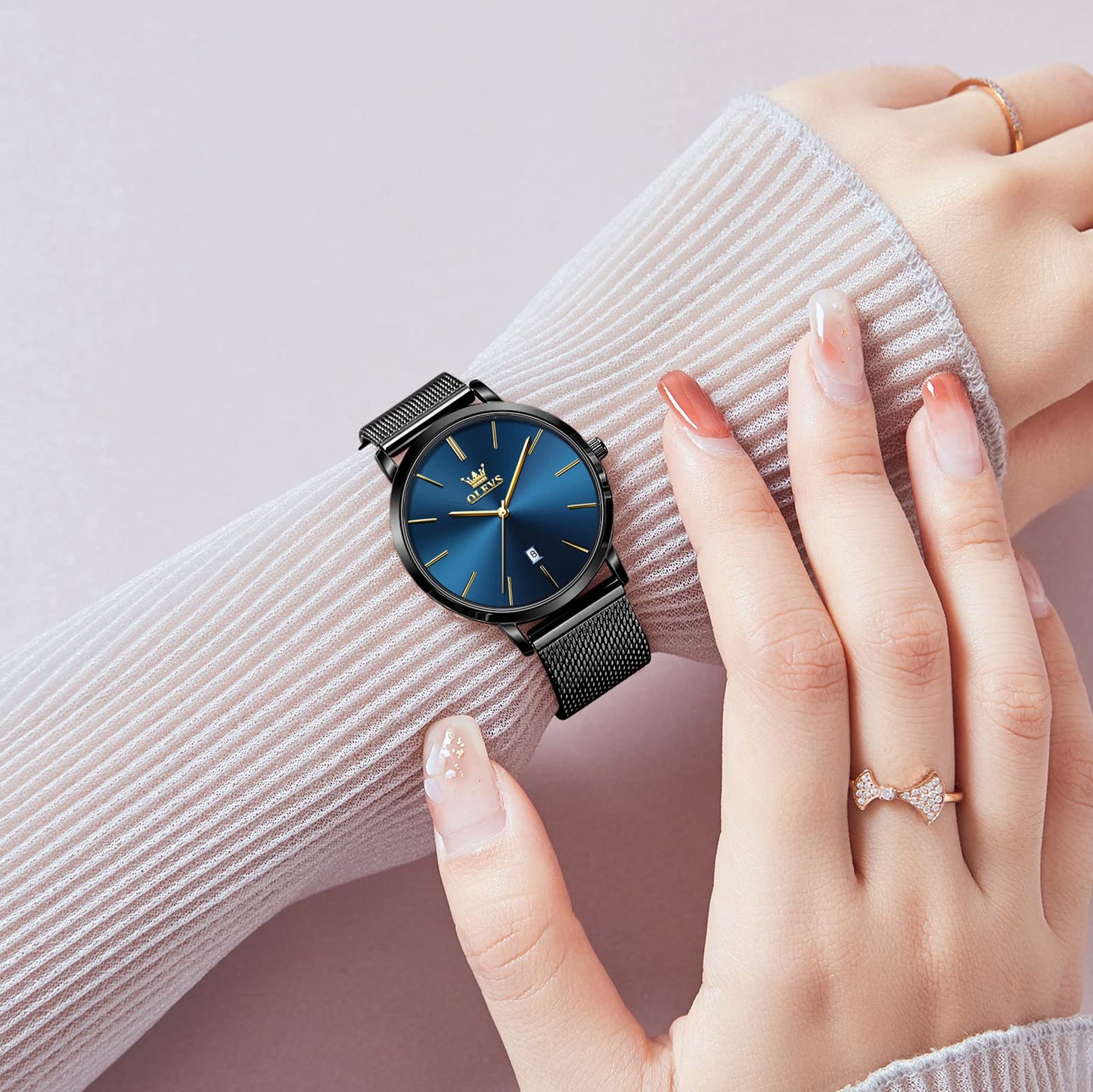 OLEVS Women's Mesh Bracelet Watch, Elegant Large Face Three Hand Analog Quartz Womens Wristwatch, Pretty Slim Date Display Waterproof Ladies Watches for Small Wrists
