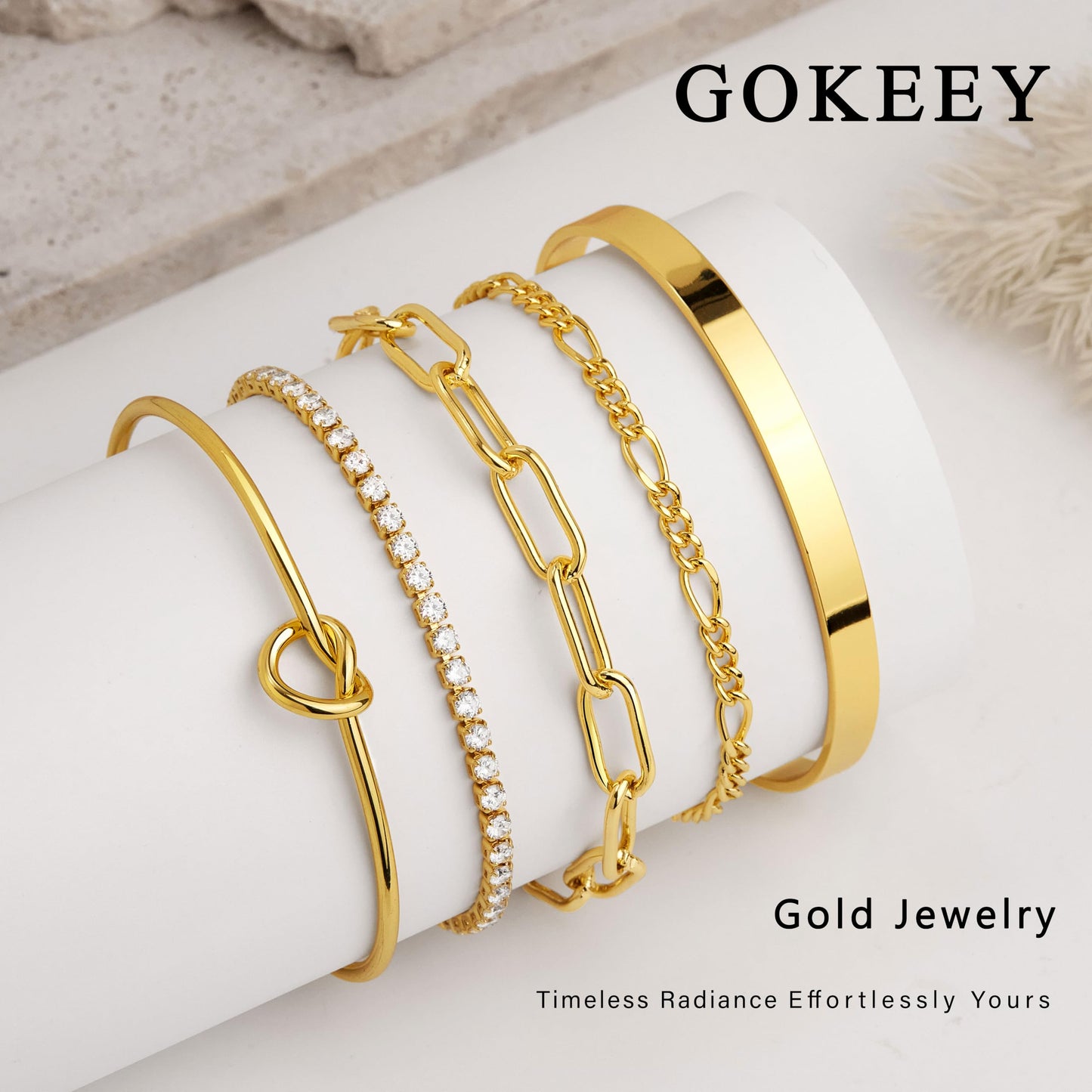 Jewelry Gold Bracelets Set for Women Non Tarnish, Waterproof 14K Gold Plated Sterling Silver Chunky Cuff Bracelet Stackable Gold Bangles Bracelet for Women Trendy Fashion Accessories Tie Knot Cuban Rope Paperclip Beaded Bracelet Stack