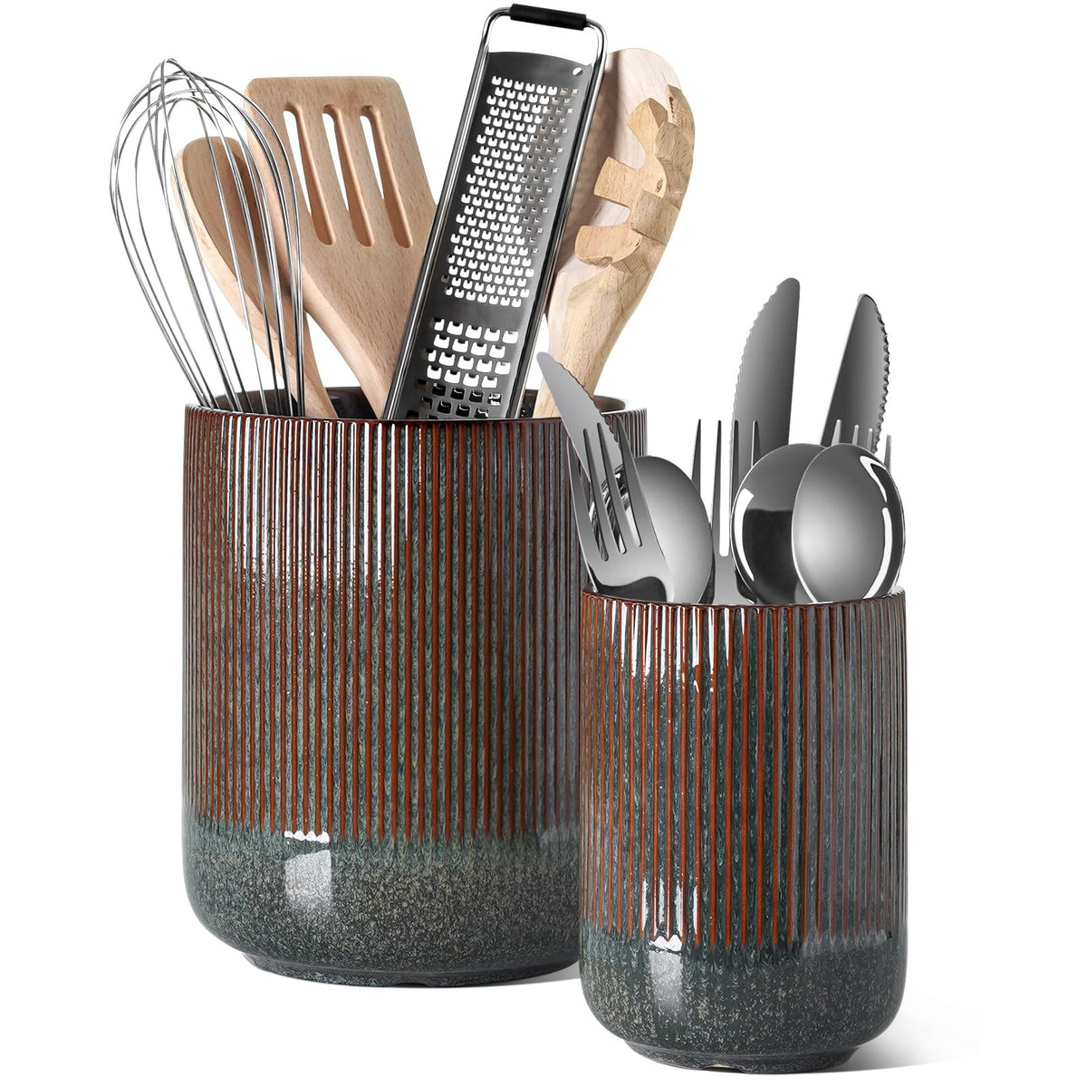 LE TAUCI Utensil Holder, 7.3"+5.4" Ceramic Cooking Tool Crocks for Countertop, Large Utensil Organizer for Kitchen Counter, Morden Kitchen Decor for Spatula and Flatware, Set of 2