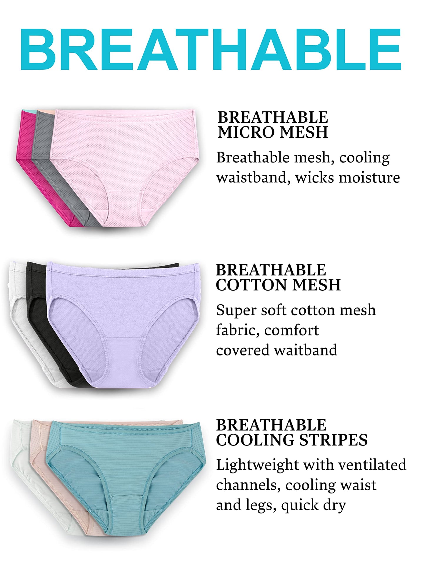 Fruit of the Loom Women's Breathable Underwear (Regular & Plus Size), Hi Cut-Micro Mesh-6 Pack Assorted Colors, 6