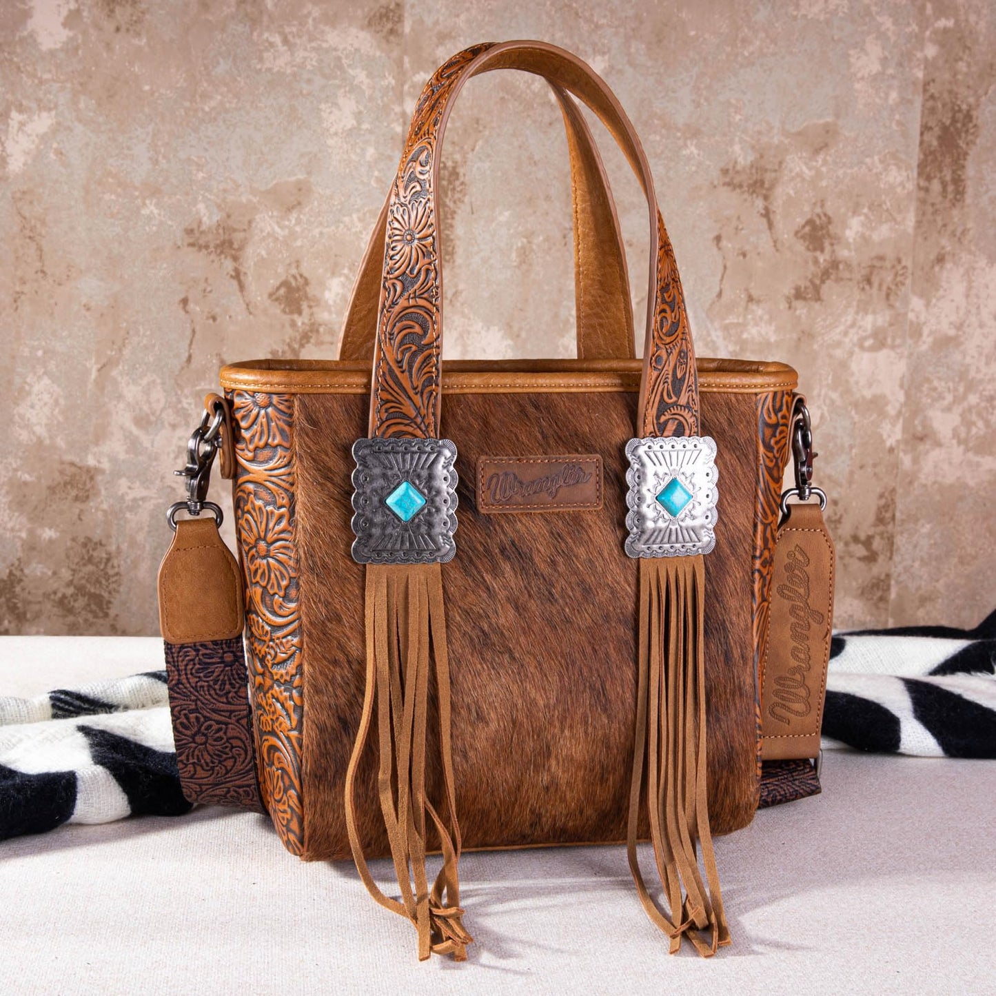 Montana West Wrangler Cowhide Tote Bag for Women Western Tooling Handbag Leather Fringing with Turquoise Stone Concho