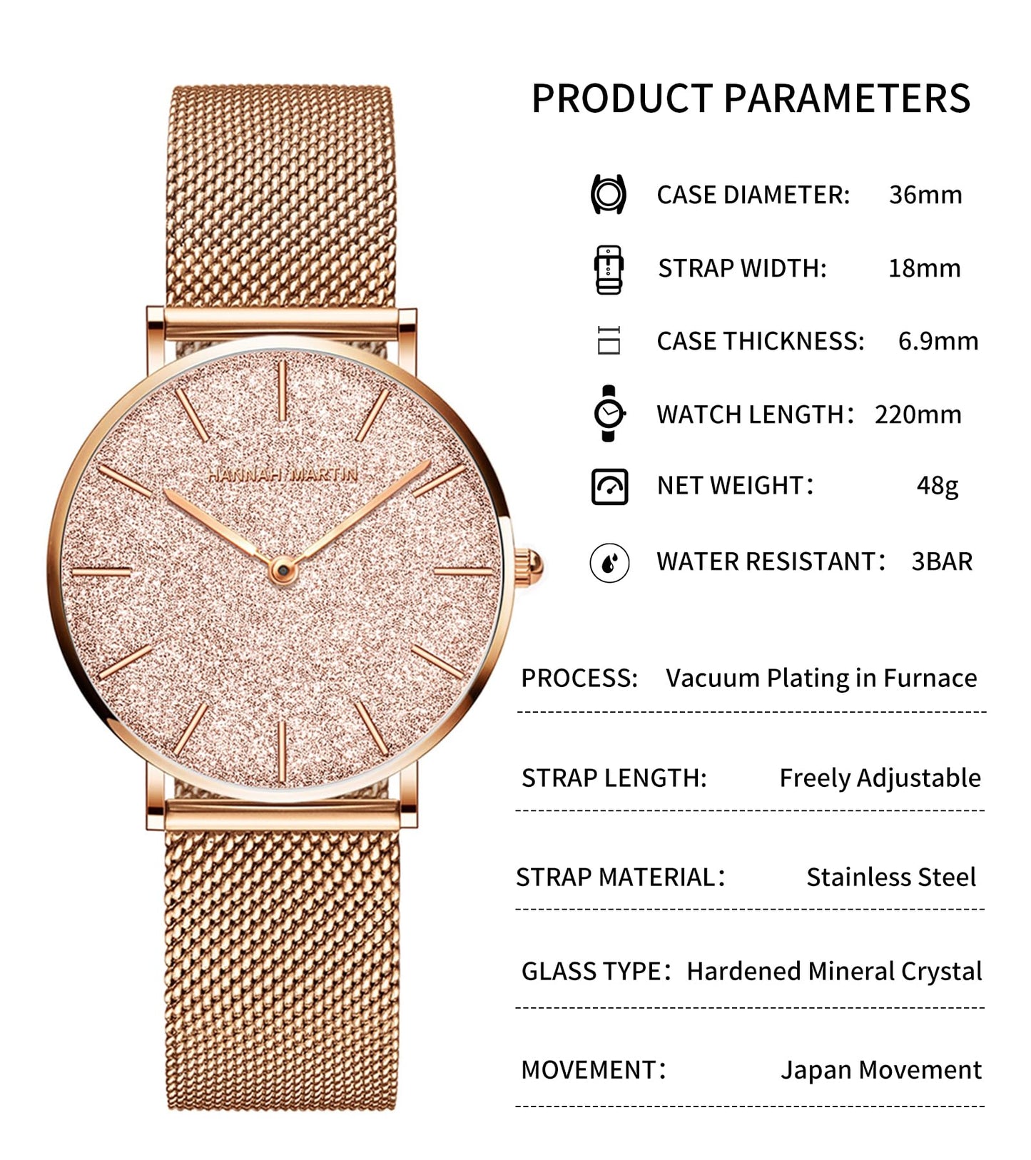 HANNAH MARTIN Watches for Women Analog Women's Watch with Stainless Steel Expansion Band Minimalist Slim Dial 30M Waterproof Ladies Dress Wristwatch for Casual Daily Business