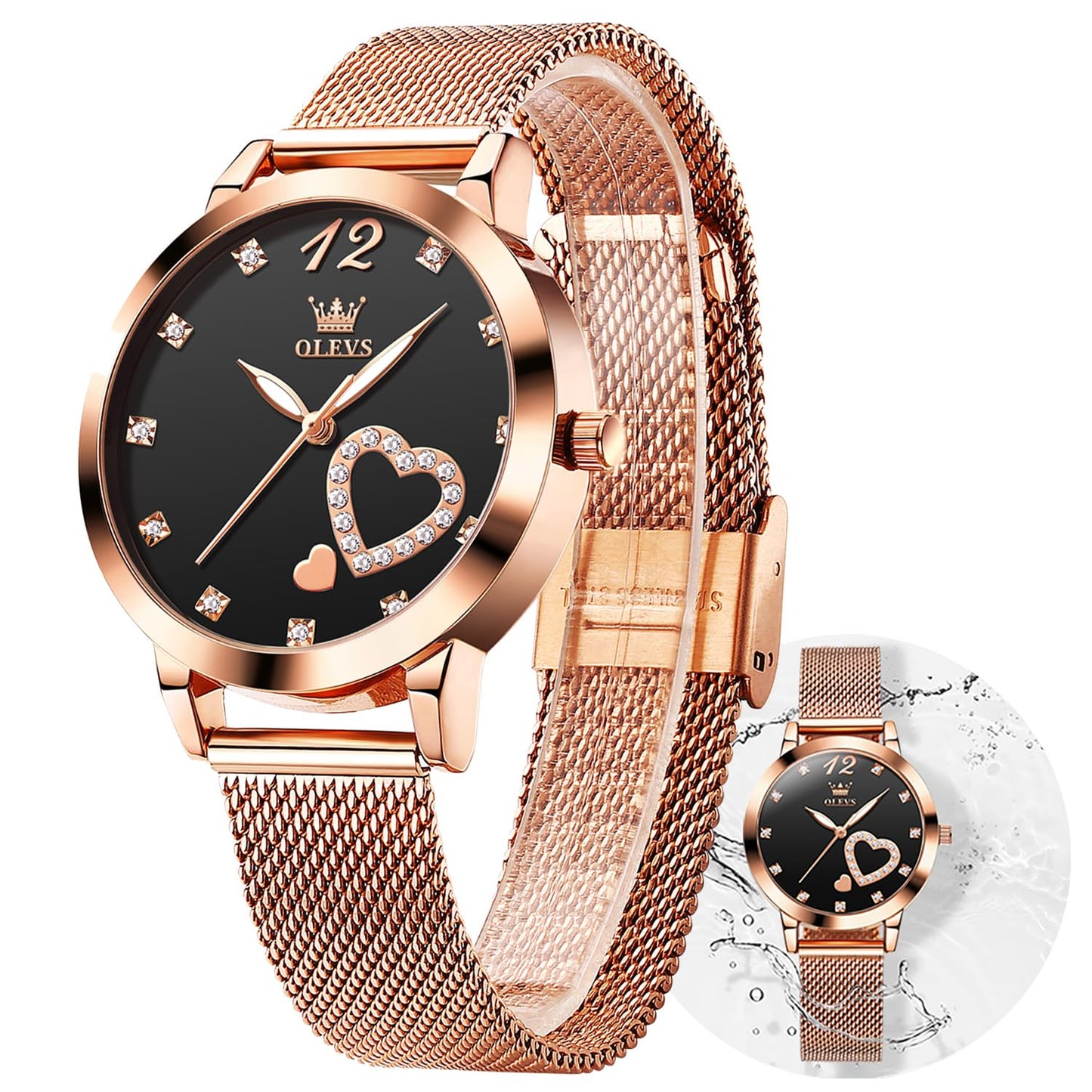 OLEVS Women's Watch Luxury Dress Rose Gold Women Slim Thin Lightweight Watch Stainless Steel Mesh Watches Fashion Waterproof Ladies Wrist Watch Black White Blue Face,Adjustable Bracelet