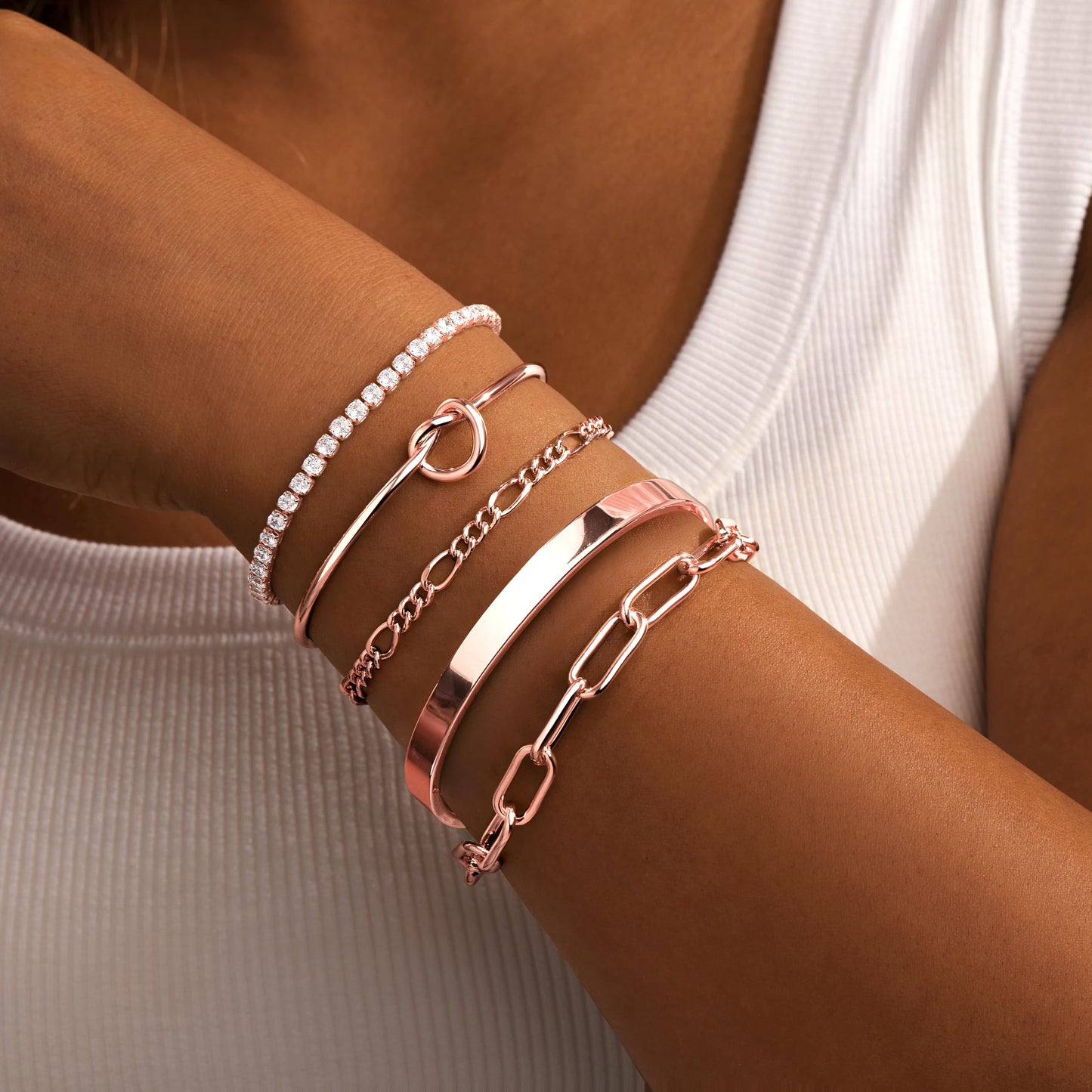 Gokeey Gold Bracelets Set for Women Non Tarnish, Waterproof 14K Gold Plated Sterling Silver Chunky Cuff Bracelet Stackable Gold Bangles Bracelet for Women Trendy Fashion Accessories Tie Knot Cuban Rope Paperclip Beaded Bracelet Stack Jewelry Mothers Day G