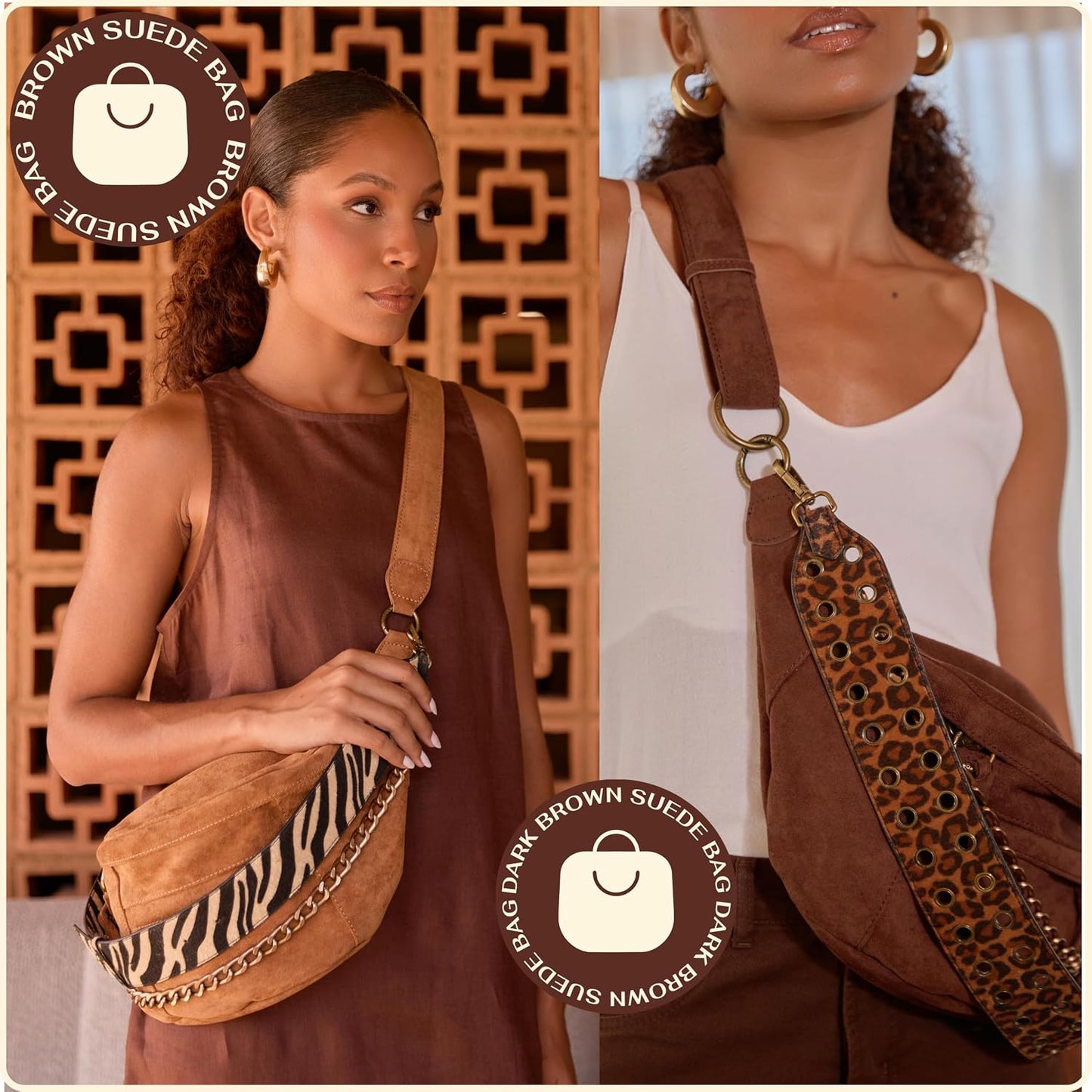 Anti Pickpocket Crossbody Large Vegan Dark Brown Suede Sling Bag RFID & Glasses Pockets, Adjustable Strap, Anti Theft Design, Multiple Compartments, Chain Detail Travel Crossbody Bag for Women