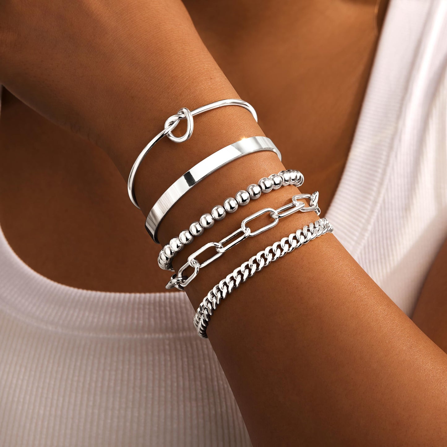 Jewelry Gold Bracelets Set for Women Non Tarnish, Waterproof 14K Gold Plated Sterling Silver Chunky Cuff Bracelet Stackable Gold Bangles Bracelet for Women Trendy Fashion Accessories Tie Knot Cuban Rope Paperclip Beaded Bracelet Stack