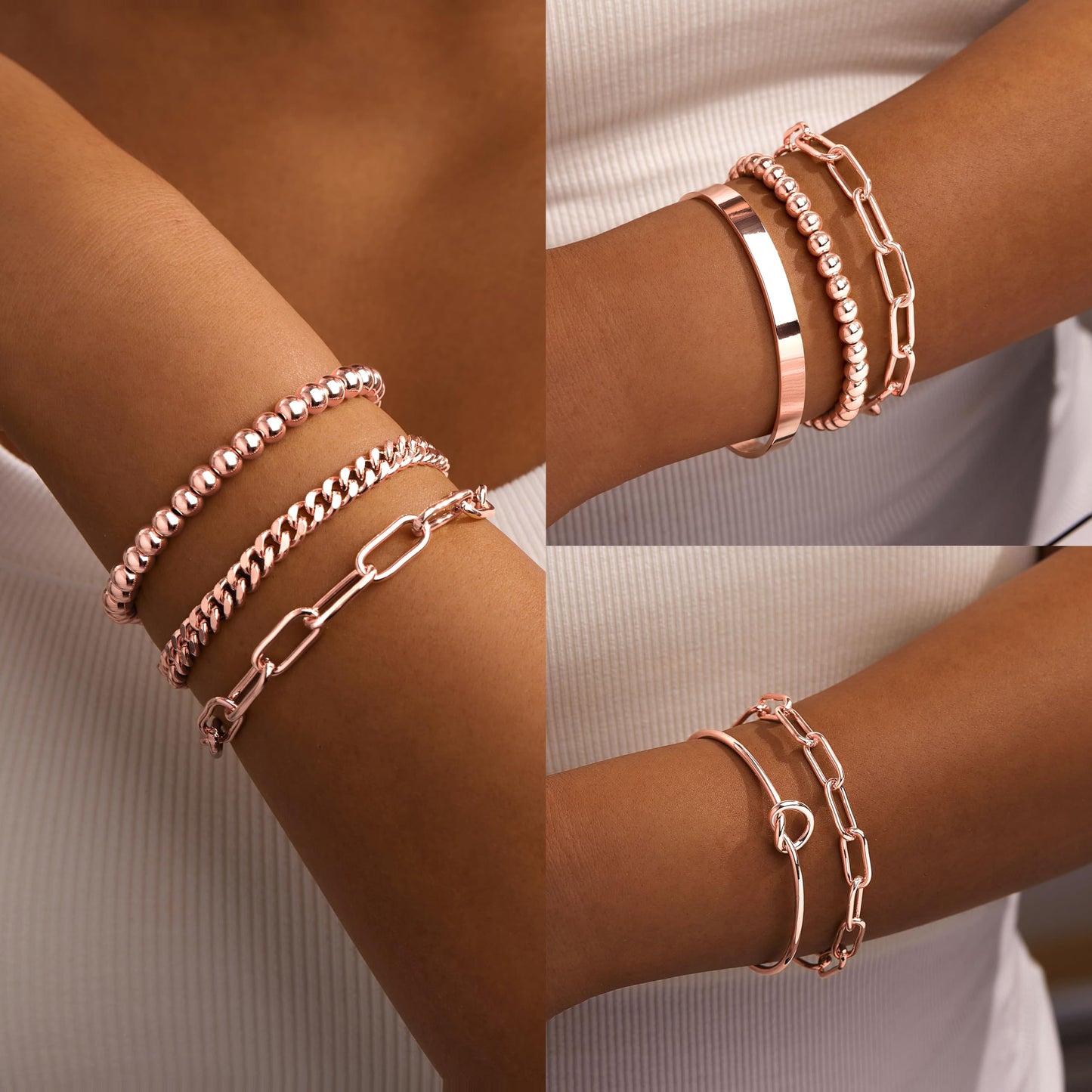 Jewelry Gold Bracelets Set for Women Non Tarnish, Waterproof 14K Gold Plated Sterling Silver Chunky Cuff Bracelet Stackable Gold Bangles Bracelet for Women Trendy Fashion Accessories Tie Knot Cuban Rope Paperclip Beaded Bracelet Stack