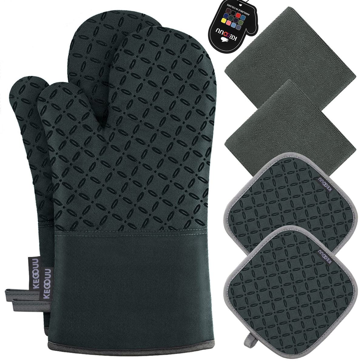 KEGOUU Oven Mitts and Pot Holders 6pcs Set, Kitchen Oven Glove High Heat Resistant 500 Degree Extra Long Oven Mitts and Potholder with Non-Slip Silicone Surface for Cooking (Gray)