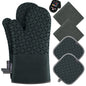 KEGOUU Oven Mitts and Pot Holders 6pcs Set, Kitchen Oven Glove High Heat Resistant 500 Degree Extra Long Oven Mitts and Potholder with Non-Slip Silicone Surface for Cooking (Gray)