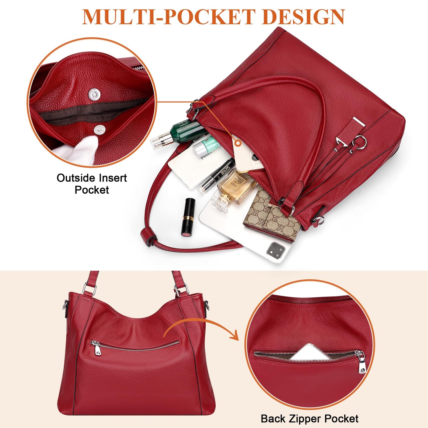 Over Earth Genuine Leather Purses for Women Large Hobo Bags Lady Shoulder Handbags with Detachable Strap