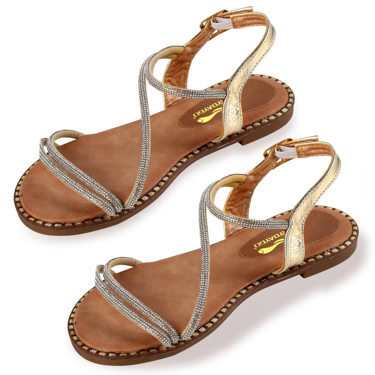 Women's Sparkle Rhinestone Flat Sandals with Back Elastic Ankle Strap, Comfortable Memory Foam Slip On Open Toe Shoes for Dressy or Everyday Summer Wear, Glitter Bling and for Work, Beach, Strappy Wedding Sandals Gold Size 10Women's Sparkle Rhinestone Fla