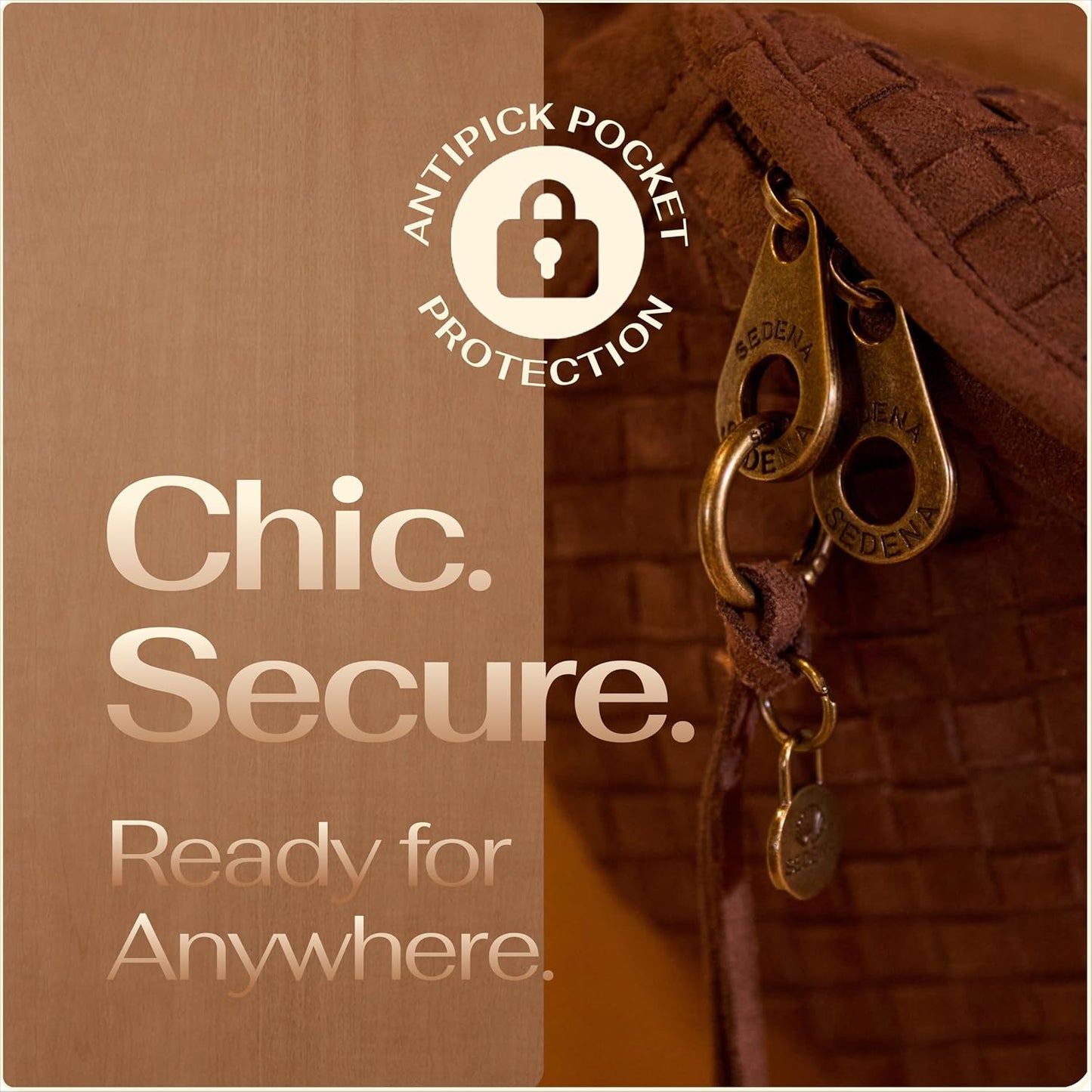 Woven Anti-Pickpocket Crossbody Bag for Women, Vegan Suede Travel Purse with RFID Pocket, Phone Pocket, Adjustable Strap and Extender, Hands-Free Sling Bag for Everyday and Travel, Dark Brown