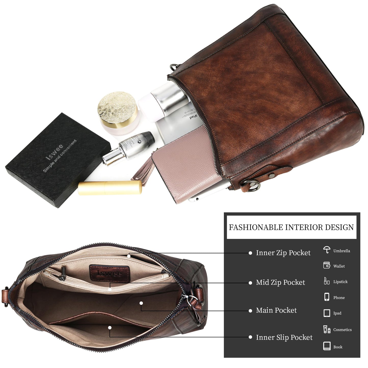 Iswee Leather Crossbody Bags for Women Shoulder Purse Medium Hobo Genuine Leather Satchel Purses and Handbags