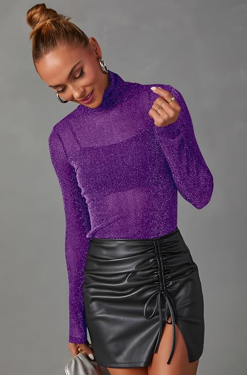 AISEW Womens Mesh Sheer Long Sleeve Glitter Tops Sexy See Through Sparkly Shirts Turtleneck Layering Top Shirt (Purple, L)  (Clearance)