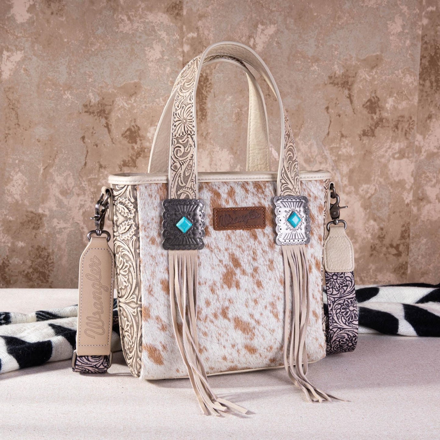 Montana West Wrangler Cowhide Tote Bag for Women Western Tooling Handbag Leather Fringing with Turquoise Stone Concho