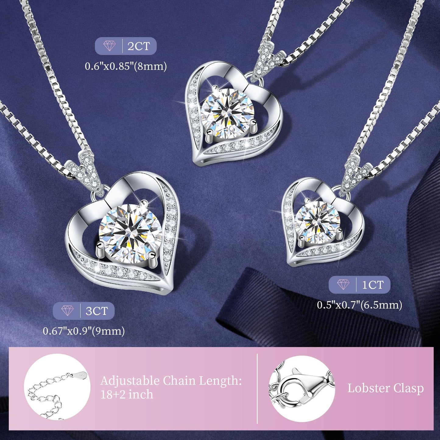 Gorgeous Moissanite Necklaces for Women - Sterling Silver 1-3CT D Color Moissanite Pendant Necklace, Mother Day Birthday Gifts for Mom Wife Girlfriend Daughter, Wedding Anniversary Christmas Jewelry Gift