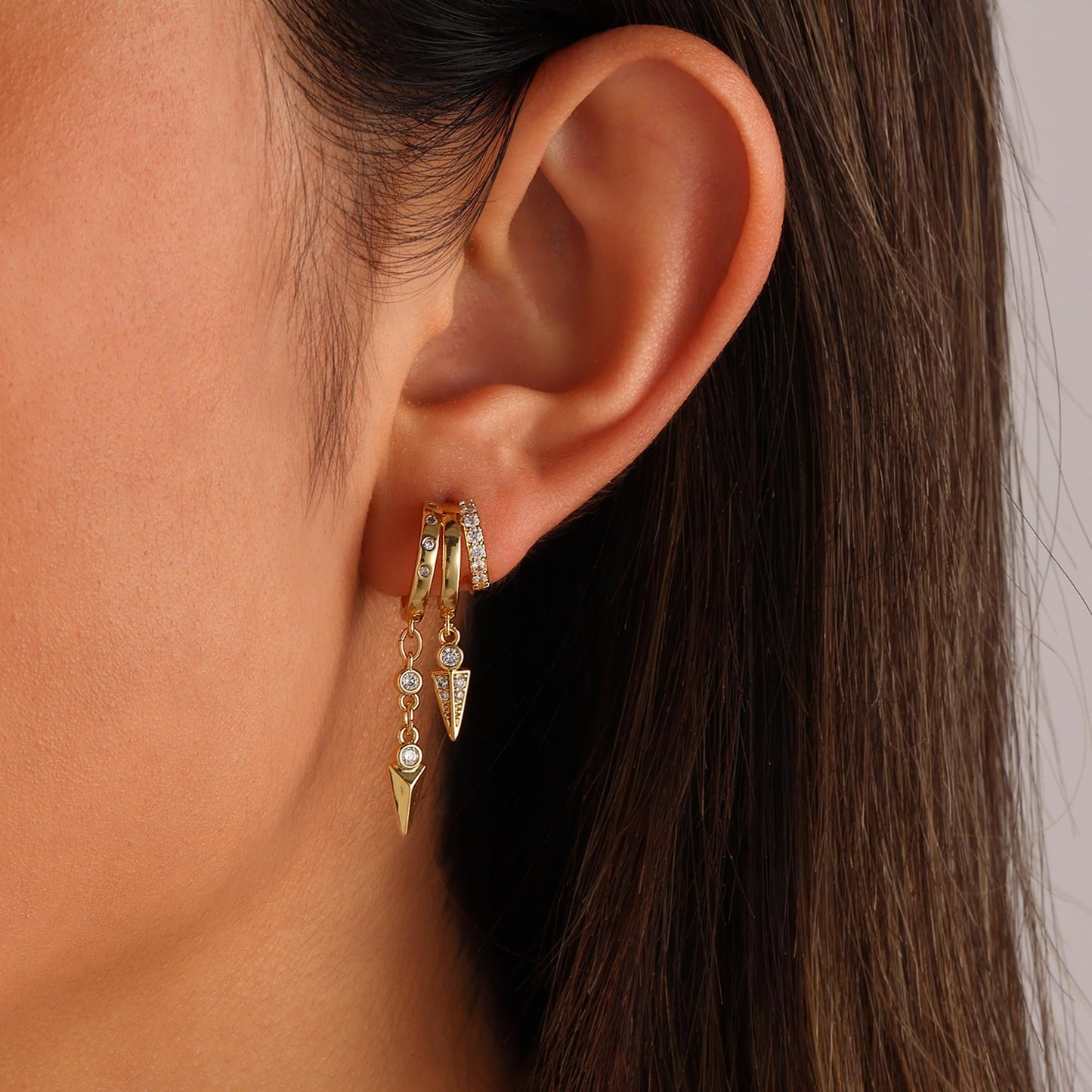 Gold Dangle Earrings for Women, 14k Gold Plated Stacked Triple Hoop Illusion Earrings Cubic Zirconia Huggie Earrings for Women Trendy