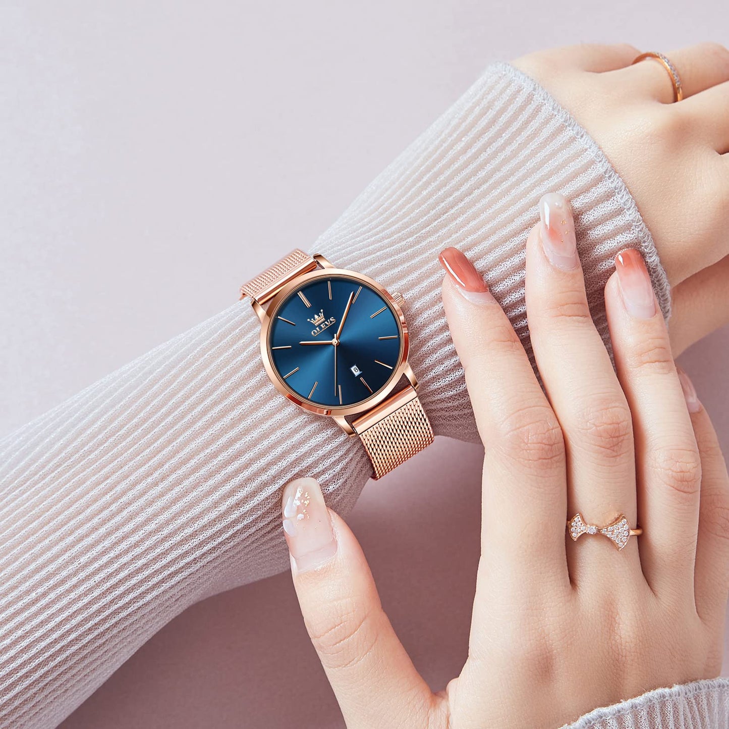 OLEVS Women's Mesh Bracelet Watch, Elegant Large Face Three Hand Analog Quartz Womens Wristwatch, Pretty Slim Date Display Waterproof Ladies Watches for Small Wrists