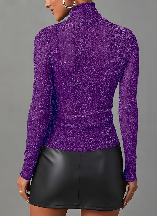 AISEW Womens Mesh Sheer Long Sleeve Glitter Tops Sexy See Through Sparkly Shirts Turtleneck Layering Top Shirt (Purple, L)  (Clearance)