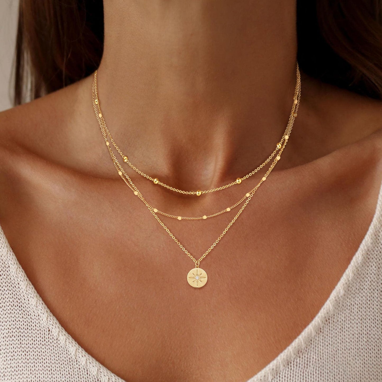 Layered Necklaces for Women, Dainty 14K Gold Plated Circle Peadant Chain Necklace Set Simple Paperclip Stacked Necklaces for Women Trendy Gold Jewelry