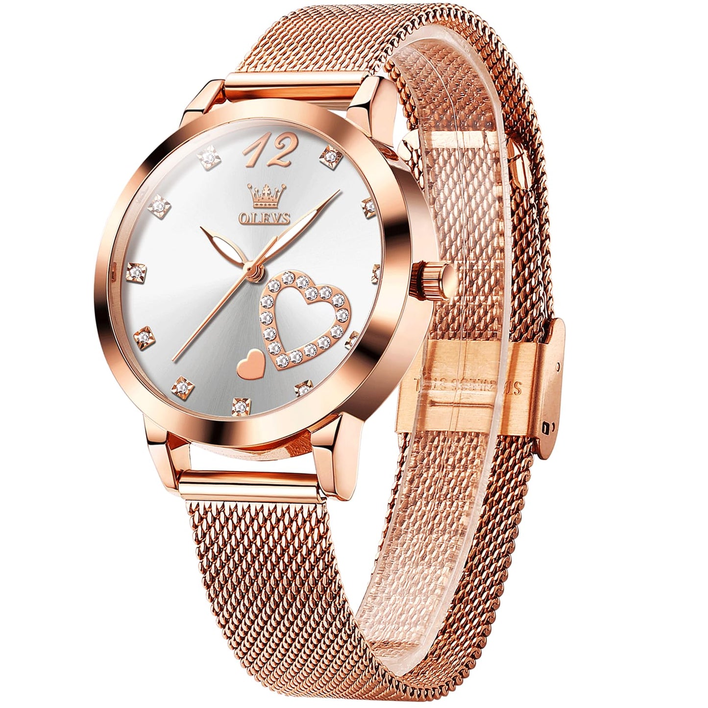 OLEVS Women's Small Wrist Rose Gold Tone Watch - Cute Diamond Heart Arabic Numerals Dial, Fashion Waterproof Mesh Bracelet Analog Dress for Ladies