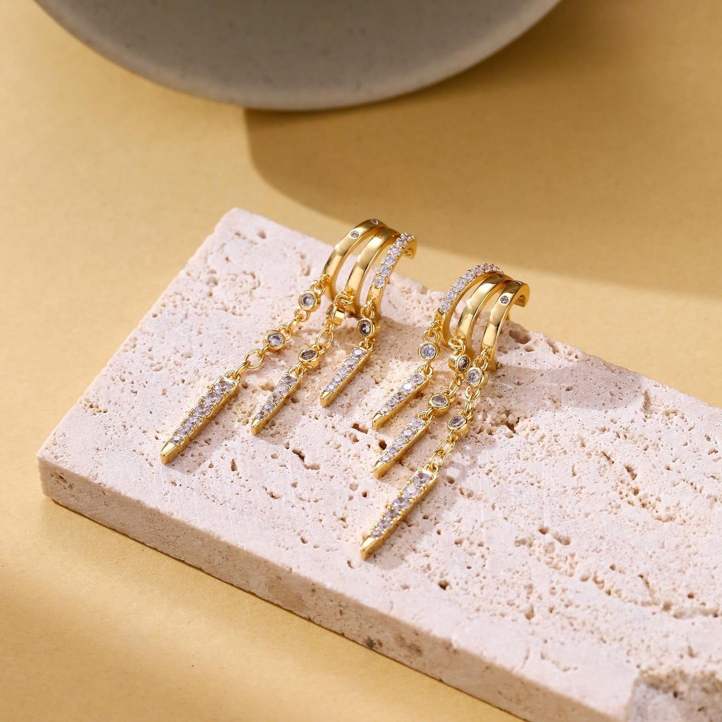 Gold Dangle Earrings for Women, 14k Gold Plated Stacked Triple Hoop Illusion Earrings Cubic Zirconia Huggie Earrings for Women Trendy