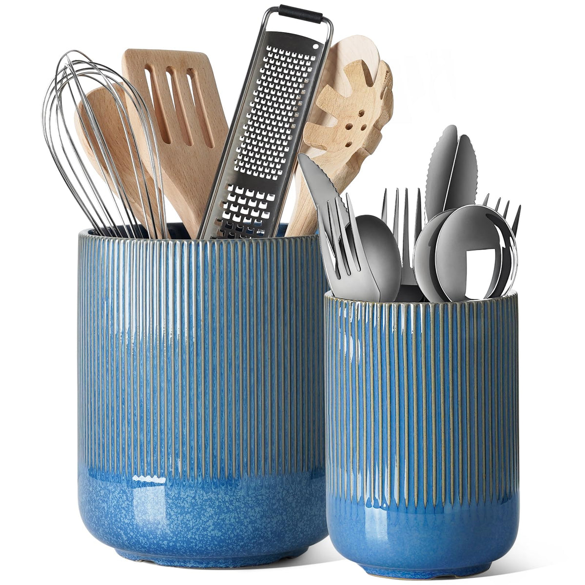 LE TAUCI Utensil Holder, 7.3"+5.4" Ceramic Cooking Tool Crocks for Countertop, Large Utensil Organizer for Kitchen Counter, Morden Kitchen Decor for Spatula and Flatware, Set of 2