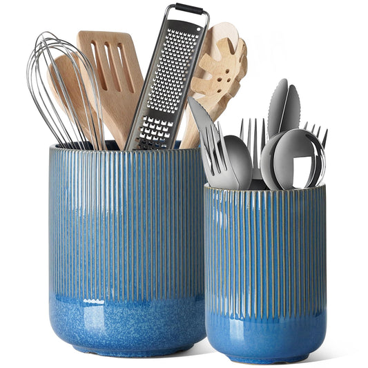 LE TAUCI Utensil Holder, 7.3"+5.4" Ceramic Cooking Tool Crocks for Countertop, Large Utensil Organizer for Kitchen Counter, Morden Kitchen Decor for Spatula and Flatware, Set of 2