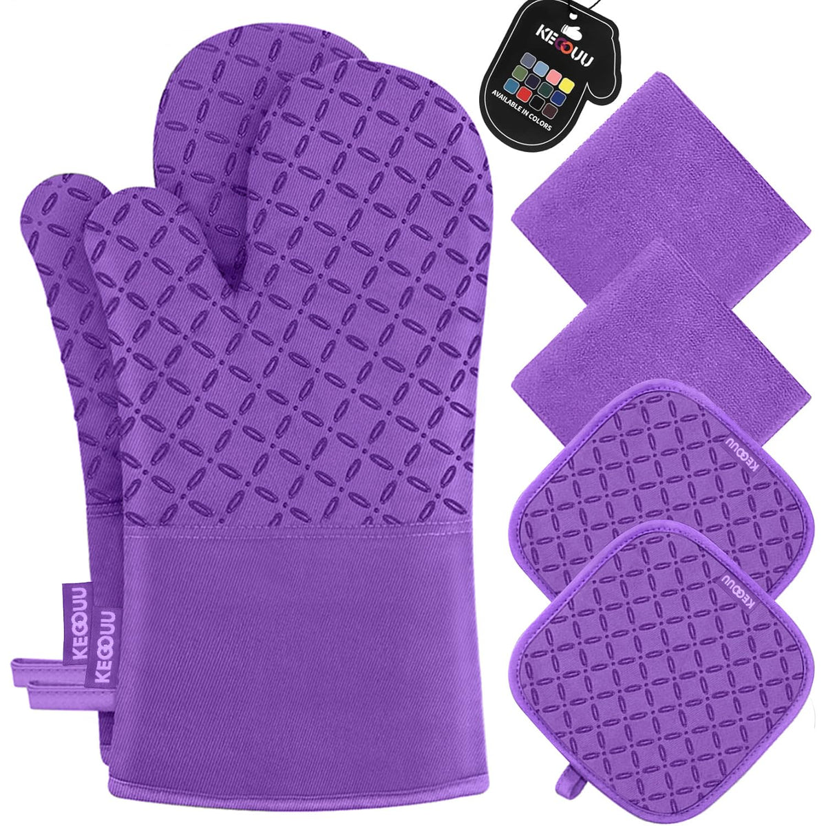 KEGOUU Oven Mitts and Pot Holders 6pcs Set, Kitchen Oven Glove High Heat Resistant 500 Degree Extra Long Oven Mitts and Potholder with Non-Slip Silicone Surface for Cooking (Gray)
