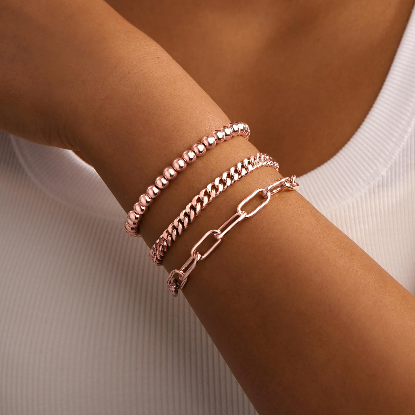 Jewelry Gold Bracelets Set for Women Non Tarnish, Waterproof 14K Gold Plated Sterling Silver Chunky Cuff Bracelet Stackable Gold Bangles Bracelet for Women Trendy Fashion Accessories Tie Knot Cuban Rope Paperclip Beaded Bracelet Stack