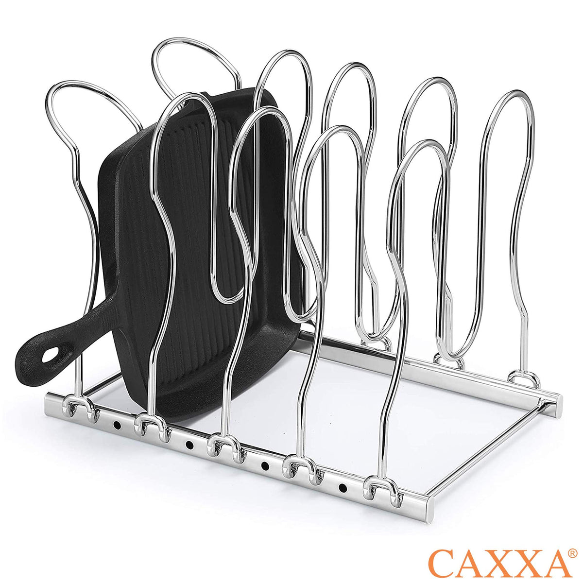 CAXXA Heavy Duty Pan Rack, Pot Lid Rack, Kitchen Cabinet Pantry Cookware Organizer Rack Holder with 5 Adjustable Dividers, Chrome