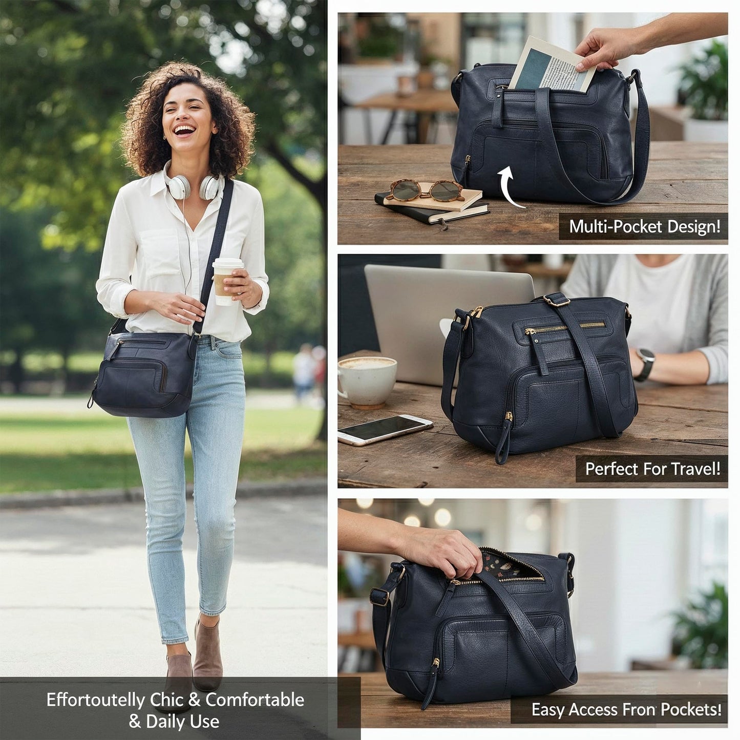 Oak Leathers Women's Crossbody Bag - Genuine Leather Crossover Shoulder Purse With Adjustable Sling Strap - Medium Size