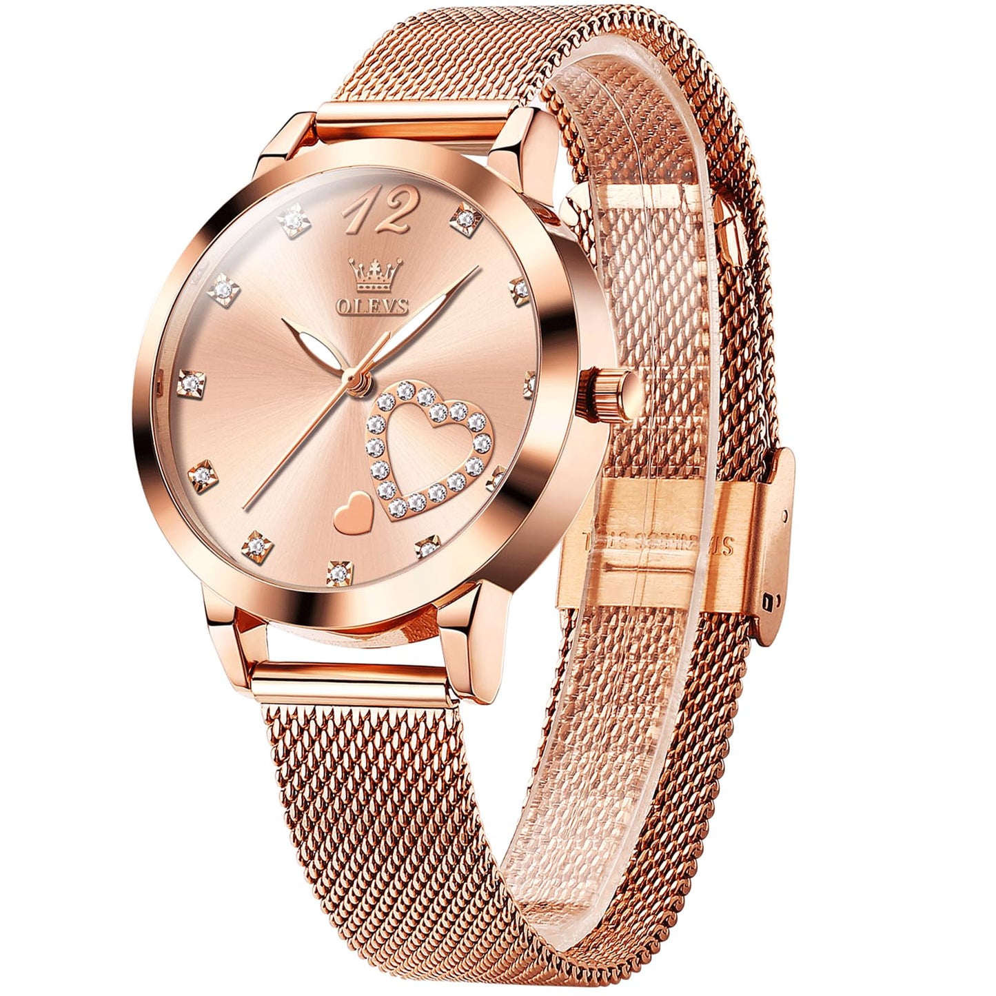OLEVS Women's Small Wrist Rose Gold Tone Watch - Cute Diamond Heart Arabic Numerals Dial, Fashion Waterproof Mesh Bracelet Analog Dress for Ladies