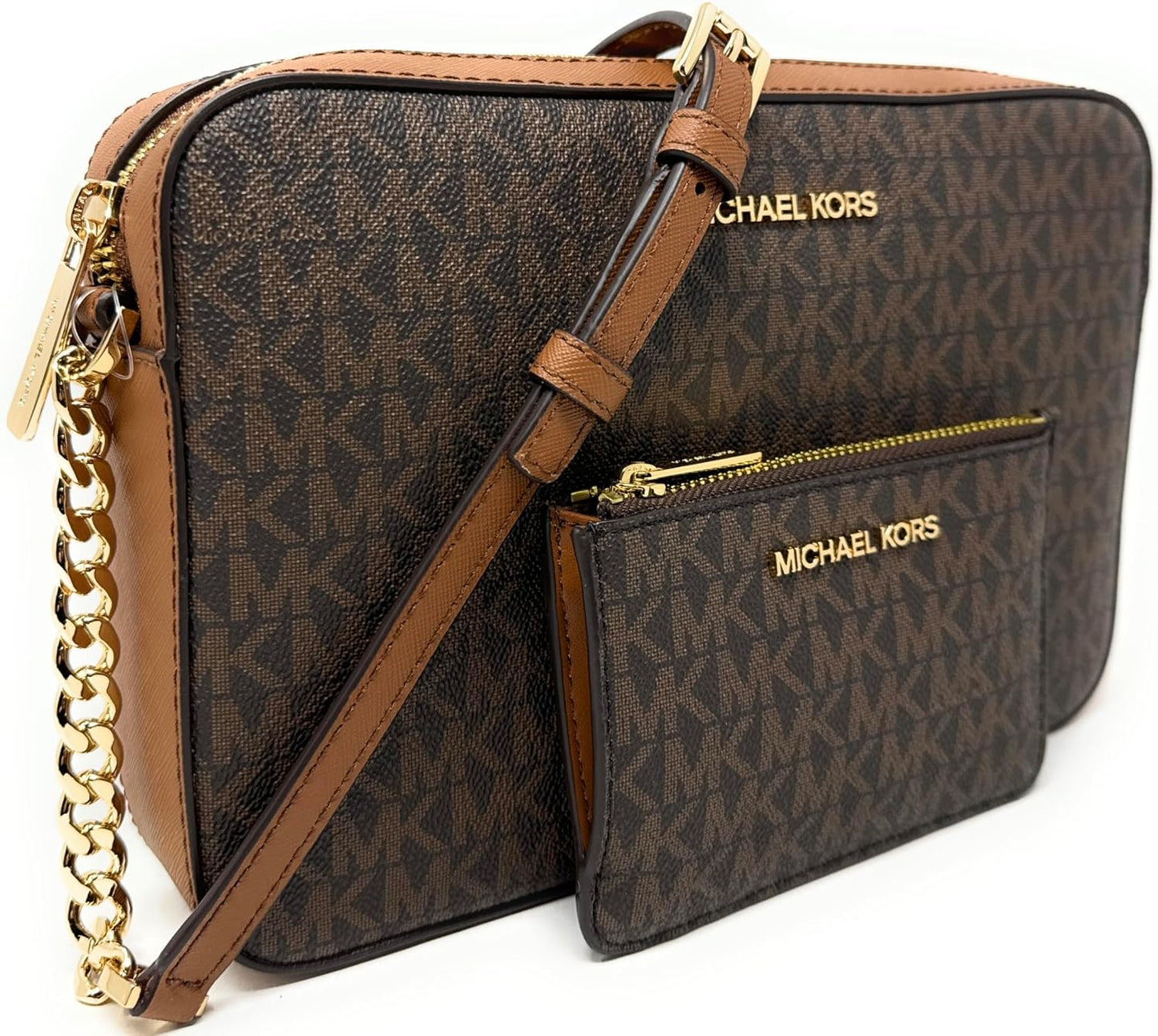 Michael Kors Jet Set Large Printed Logo Crossbody Bag With Matching Logo Coin Pouch (Brown)