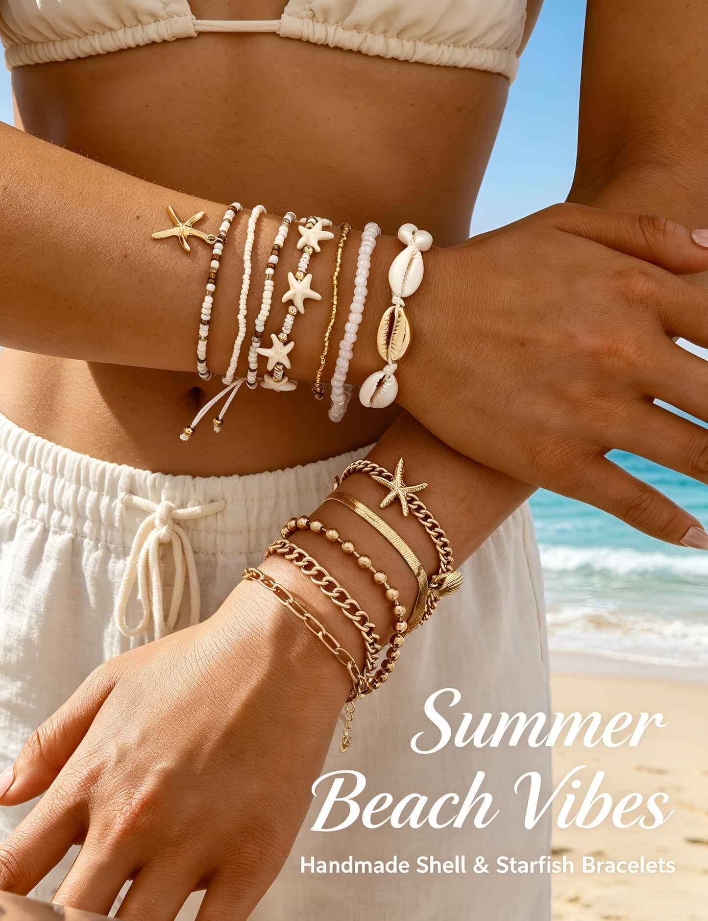 FAXHION Boho Gold Beaded Bracelets for Women, Starfish & Shell Pendant Bracelet Stack, Gold Bracelet Set Summer Beach Jewelry Gifts