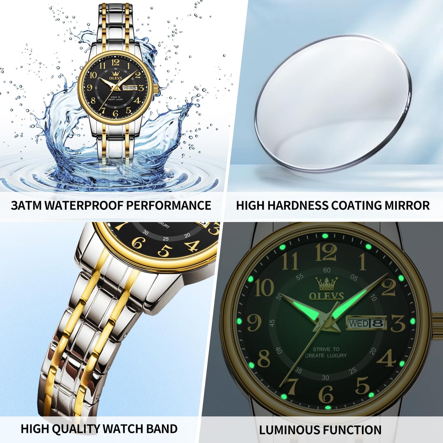 OLEVS Watch Women Two Tone Watches for Women with Date Dress Womens Watches for Small Wrists Luxury Easy Read Womens Watch Waterproof Blue/Black/Gold/Silver Dial Reloj para Mujer