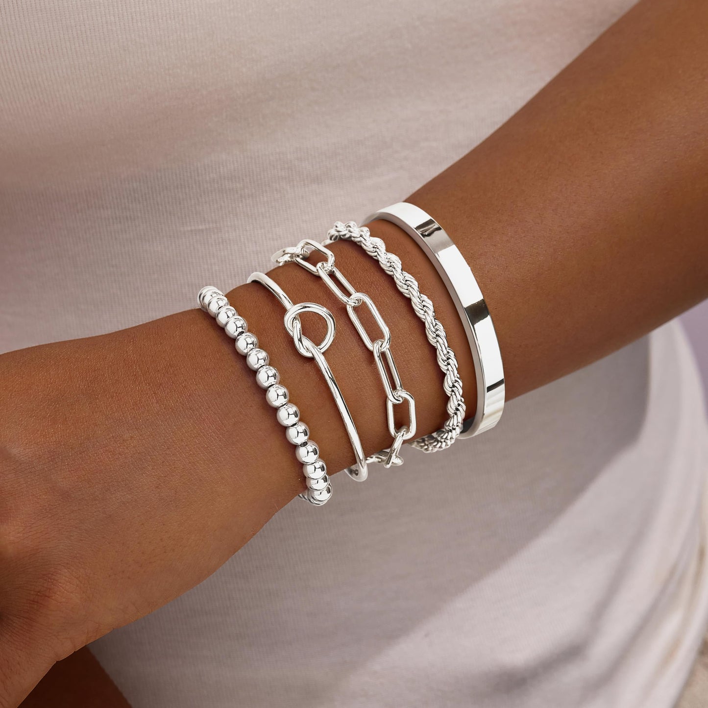 Jewelry Gold Bracelets Set for Women Non Tarnish, Waterproof 14K Gold Plated Sterling Silver Chunky Cuff Bracelet Stackable Gold Bangles Bracelet for Women Trendy Fashion Accessories Tie Knot Cuban Rope Paperclip Beaded Bracelet Stack