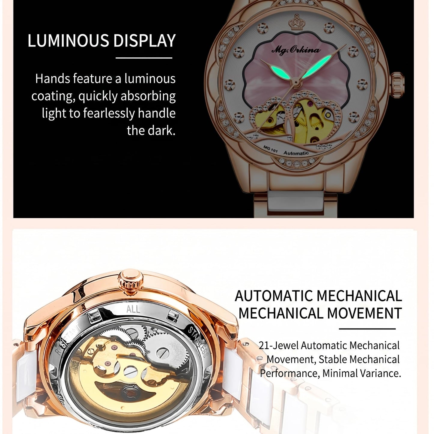 Vetra Women Watches Automatic Luxury Diamond Dress Ladies Watch Fashion Waterproof Ceramic Strap Rose Gold Self Winding Female Wrist Watch