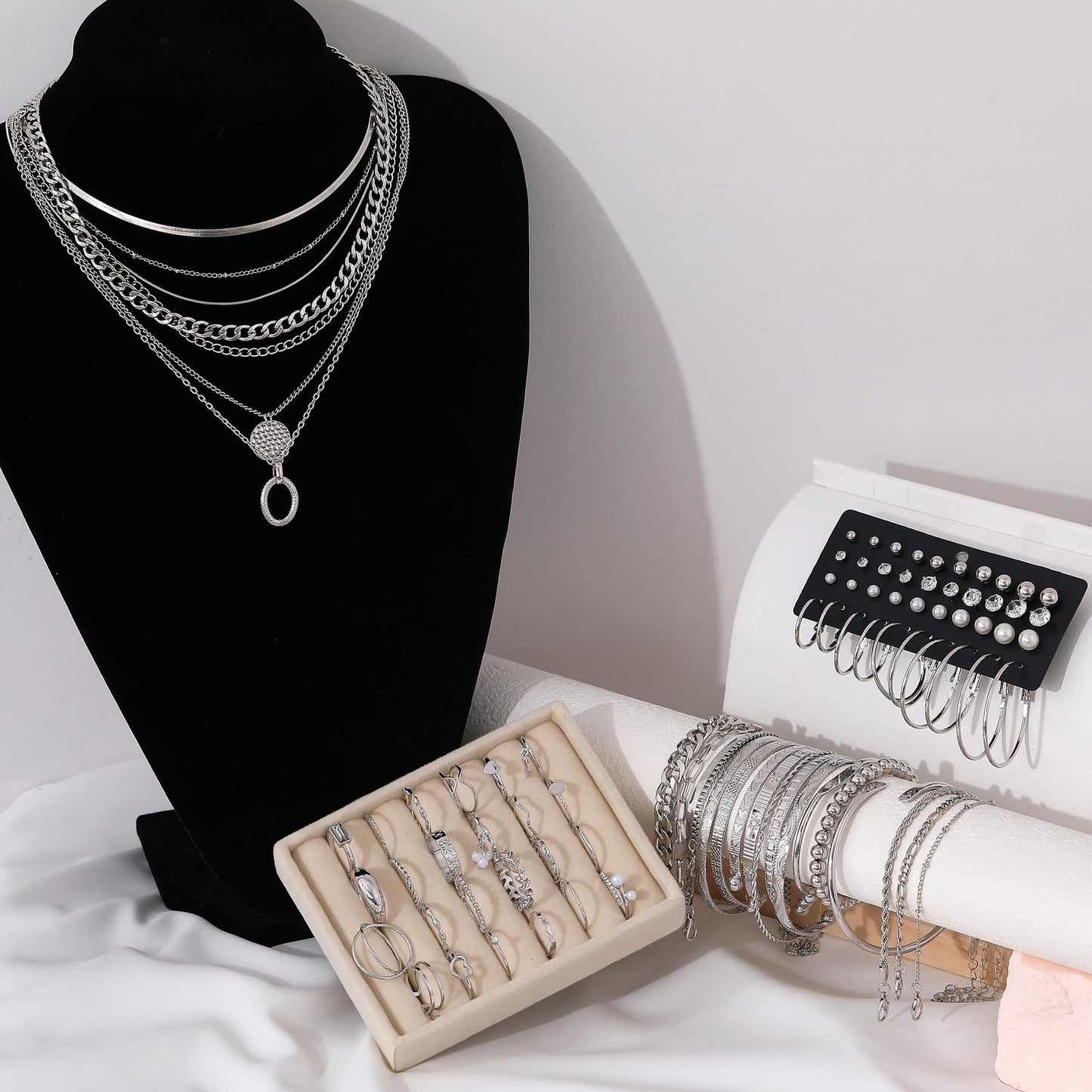 Jewelry 68 Pcs Gold Jewelry Set for Women with 7 Necklace, 17 Bracelet, 5 Hoop Earrings, 15 Stud Earrings, 24 Knuckle Rings for Women Jewelry Set for Women Gift