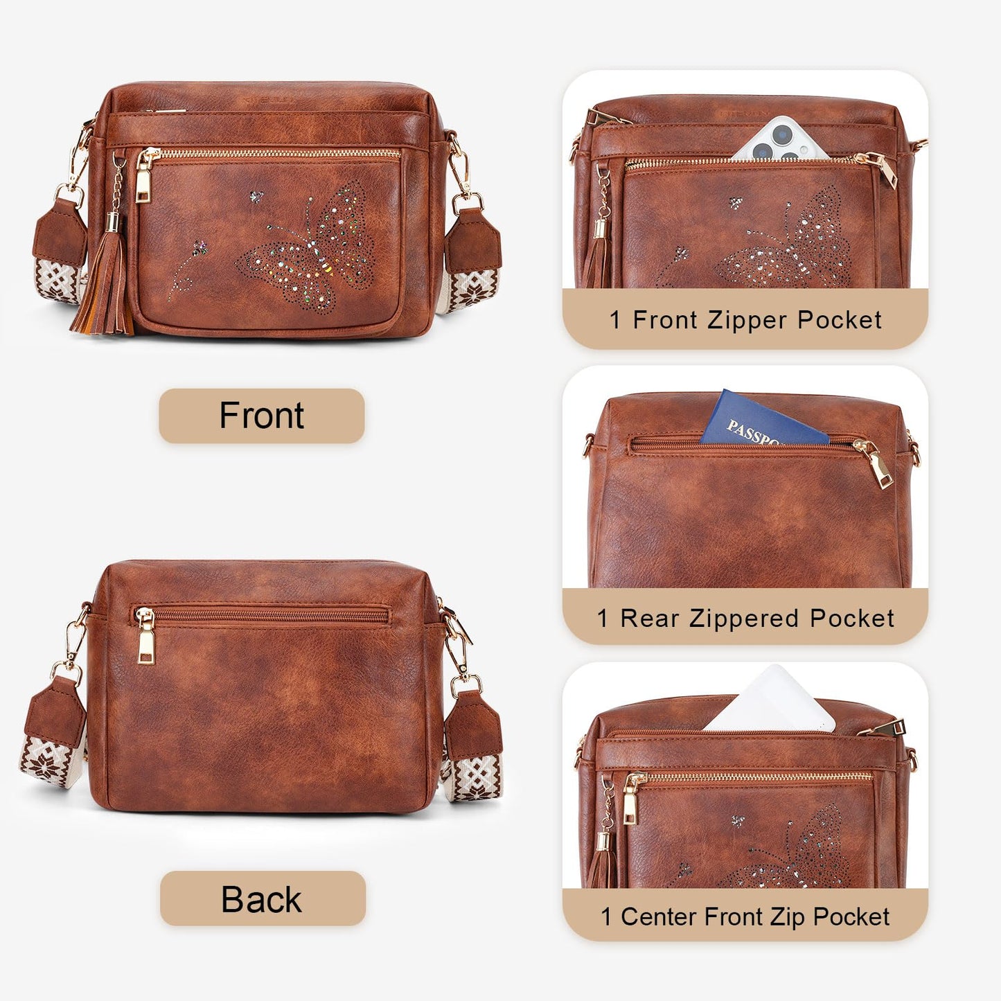 KITEVIUN Crossbody Bags for Women Trendy Leather Crossbody Purse Shoulder Handbags Butterfly Design