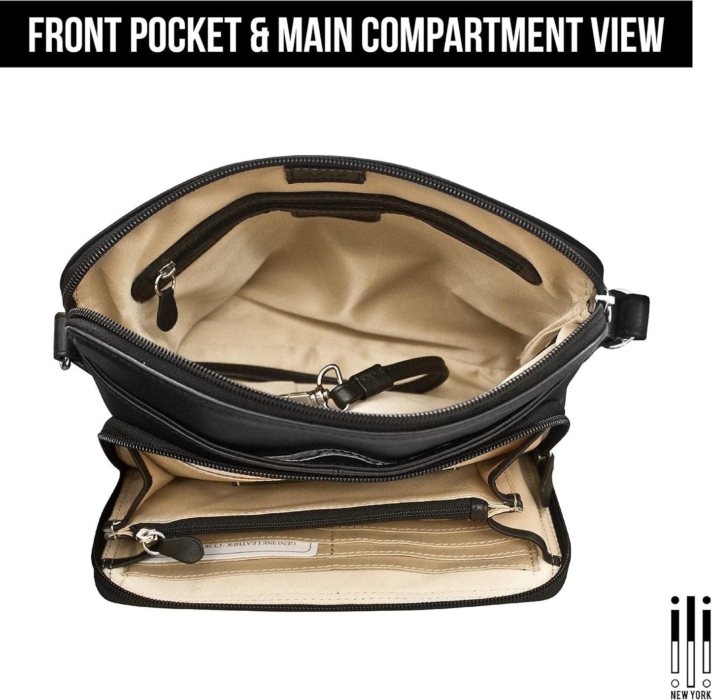 ili New York Genuine Leather Crossbody Bags with RFID Protection & Adjustable Straps - Antique Saddle & Black